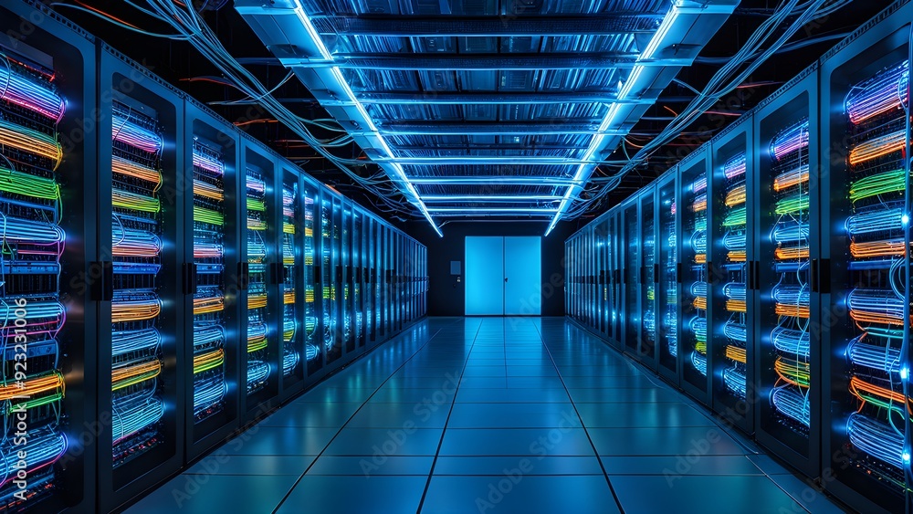 A large room with many computer servers and a blue light A large room with many computer servers and a blue light