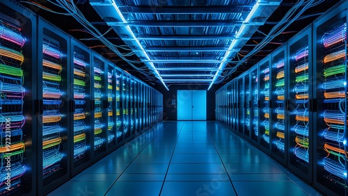 A large room with many computer servers and a blue light