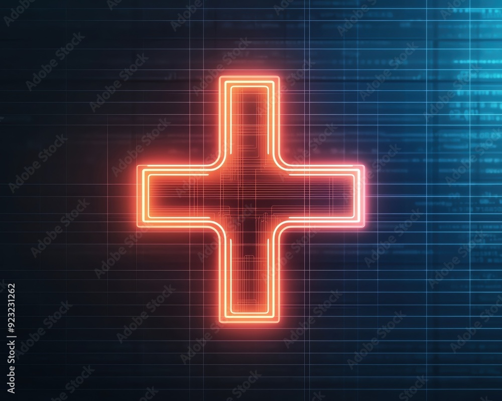 Fototapeta premium A glowing neon plus sign on a dark blue background, representing health, positivity, and growth in modern design.