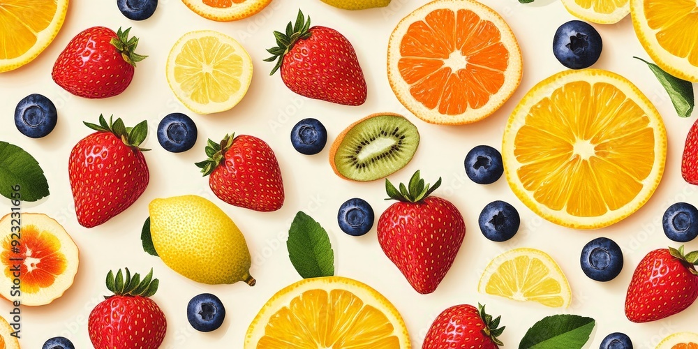Colorful seamless pattern of vibrant fruits, creative and fresh design for textiles Colorful seamless pattern of vibrant fruits, creative and fresh design for textiles