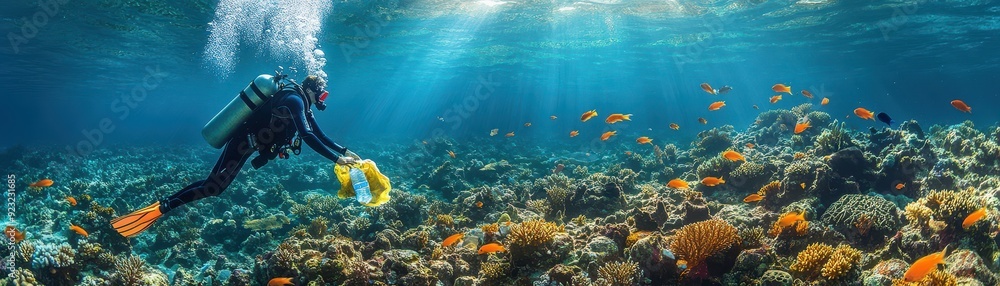 A diver explores a vibrant coral reef teeming with colorful fish and stunning marine life beneath clear blue waters. A diver explores a vibrant coral reef teeming with colorful fish and stunning marine life beneath clear blue waters.