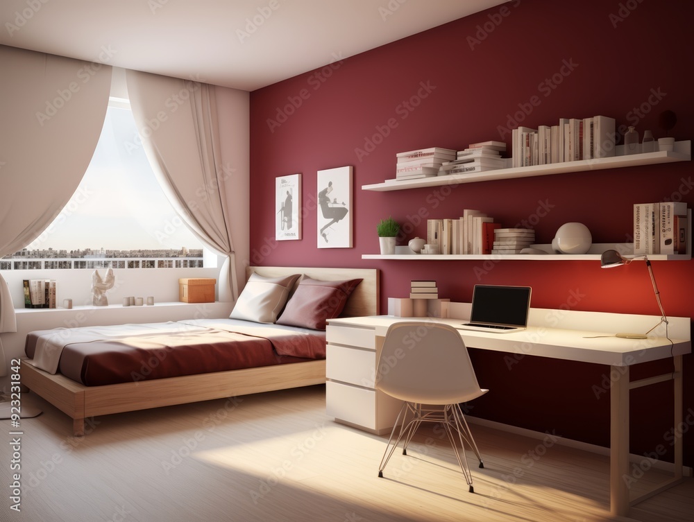 Modern bedroom with a desk, a bed, and a window overlooking a cityscape. Modern bedroom with a desk, a bed, and a window overlooking a cityscape.