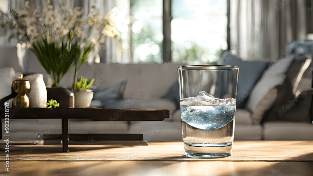 there is a glass of water sitting on a table in a living room there is a glass of water sitting on a table in a living room