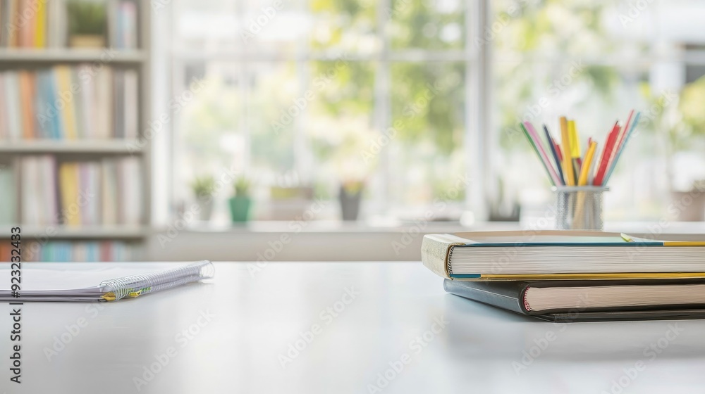 white table with books, stationery and copy space in blurred study room white table with books, stationery and copy space in blurred study room