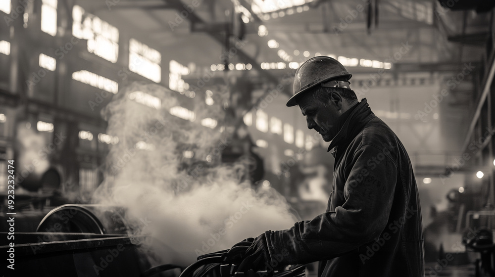 A senior labor is working hard at a factory. Black and white color tone. A senior labor is working hard at a factory. Black and white color tone.