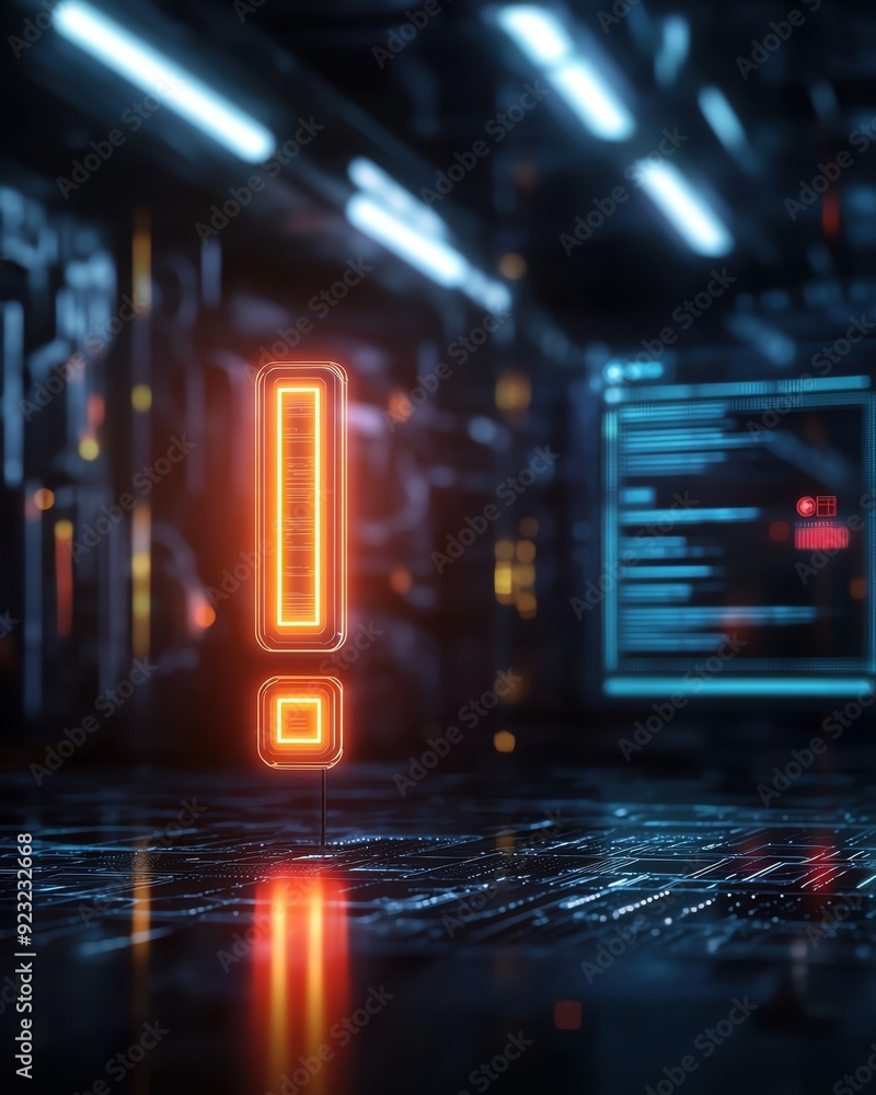 Obraz premium Vibrant digital interface featuring an illuminated exclamation mark in a futuristic environment with circuit patterns.