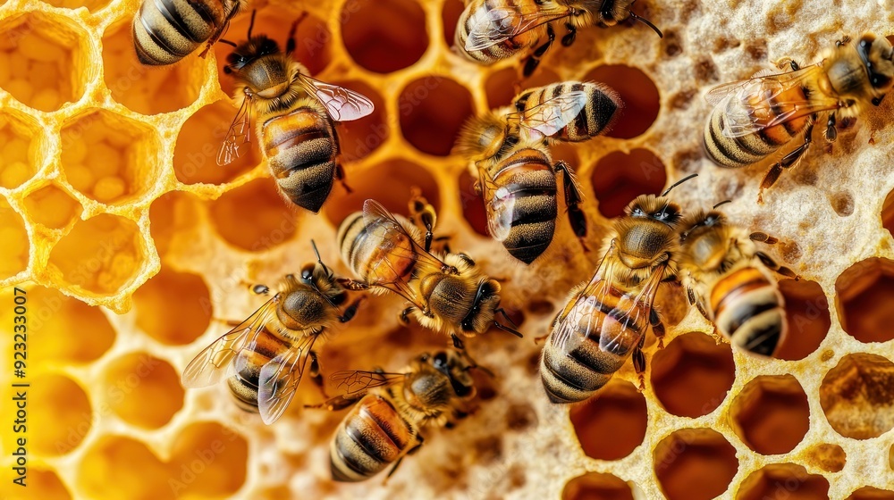 Bee larvae, cocoons and pollen in honeycombs close-up. Bee larvae, cocoons and pollen in honeycombs close-up.