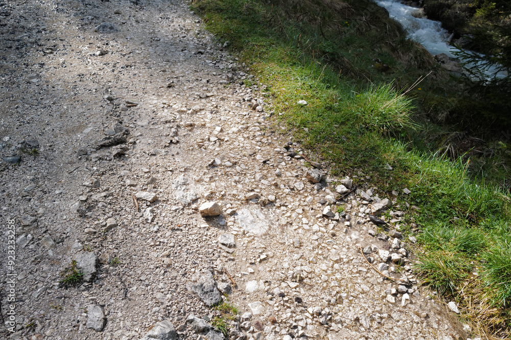 Obraz premium Natural landscape of rocky waterfall creek among green forest park and snowcapped mountain ridge