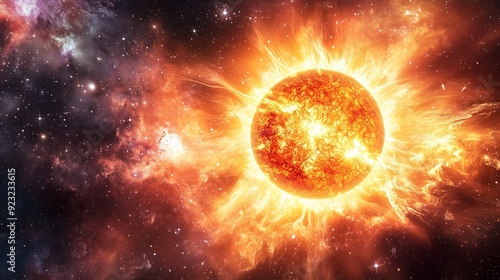 Fiery sun in outer space, glowing star with solar flares, intense heat in galaxy, burning sun with cosmic background, star explosion in universe