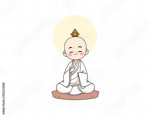 a cartoon of a little monk sitting on a mat with a crown on his head. photo