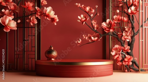 Chinese flower floral Asian style red background space for products showcase advertising montage