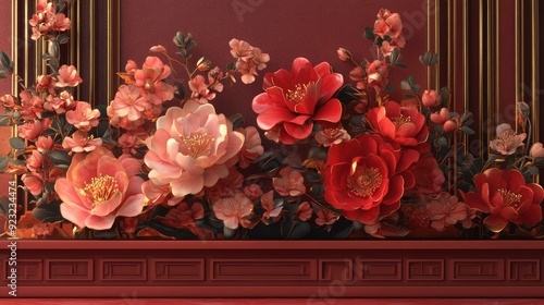 Chinese flower floral Asian style red background space for products showcase advertising montage