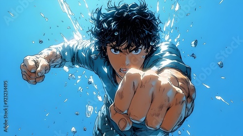 Powerful Anime-Inspired Hero Punching Through Blue Background