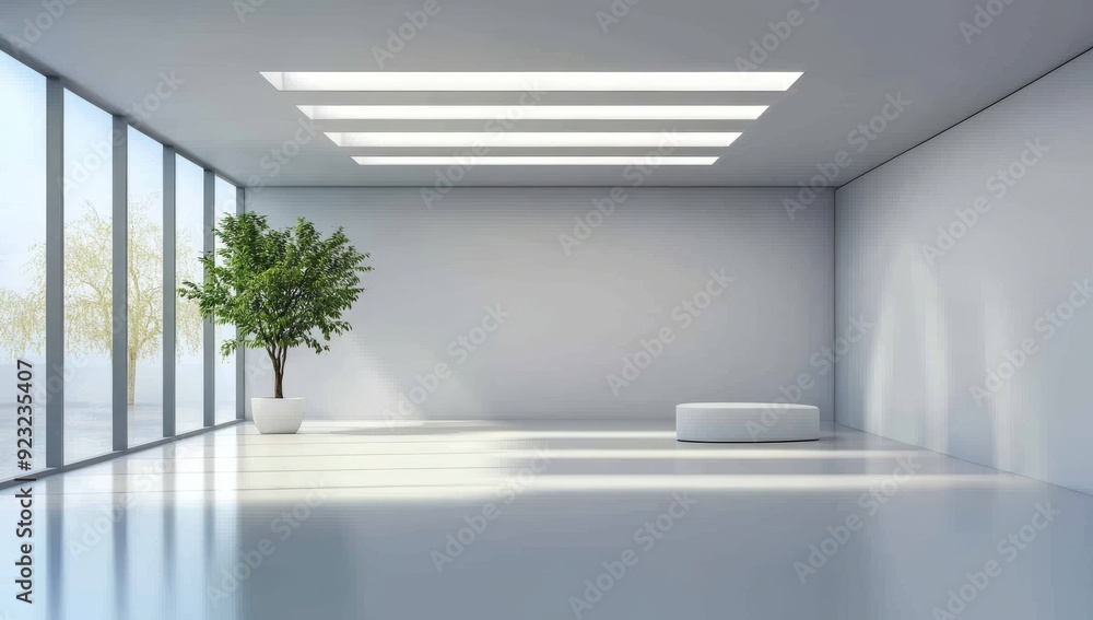 Fototapeta premium White minimalist interior with soft seating and LED lighting in the room, creating an atmosphere of calmness and tranquility.