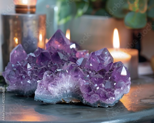 Purple smoke surrounds sparkling amethyst clusters creating dreamy ambiance photo