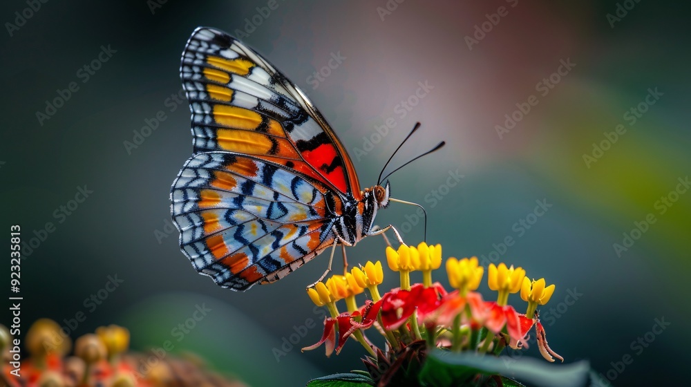 Fototapeta premium Close up of a vibrant butterfly perched on a flower, ultra-sharp and clear photograph