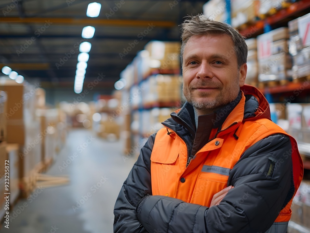Warehouse supervisor wearing safety gear stands confidently among organized storage racks in a distribution center during the daytime Warehouse supervisor wearing safety gear stands confidently among organized storage racks in a distribution center during the daytime