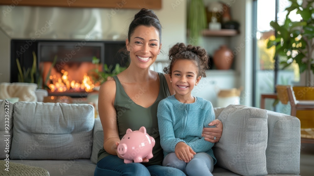 The mother and daughter with piggybank The mother and daughter with piggybank