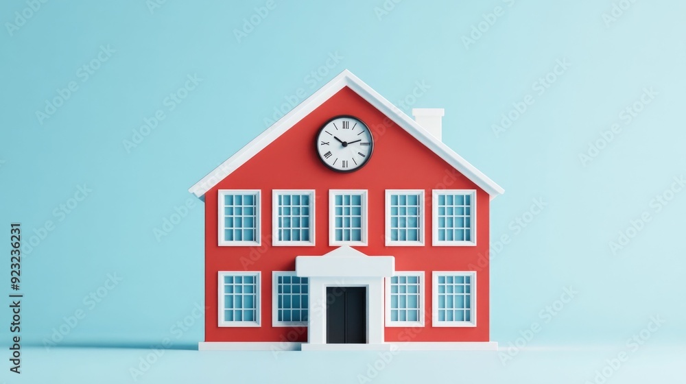 Stylized 3D education icon featuring a clean modern school building with a clock on a white background This graphic represents learning academia and the concept of education in a minimalist Stylized 3D education icon featuring a clean modern school building with a clock on a white background This graphic represents learning academia and the concept of education in a minimalist