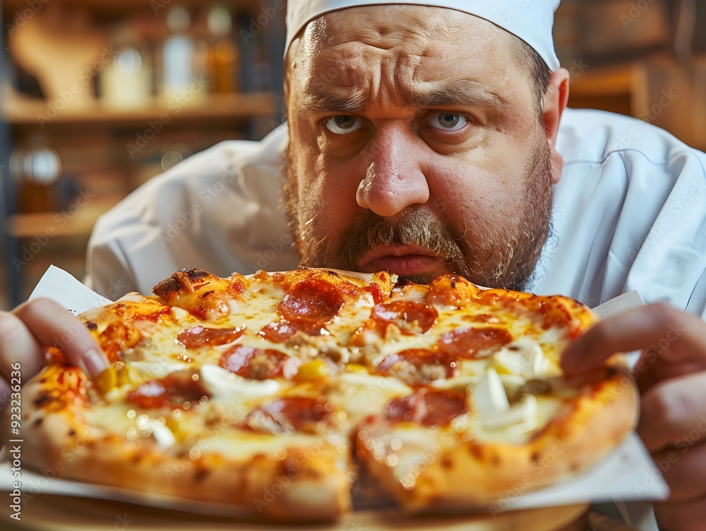 Fotografie Chef presenting a freshly baked pepperoni pizza in a rustic kitchen