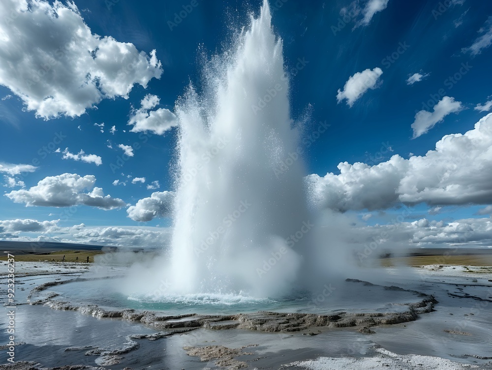 Geyser erupts dramatically under a blue sky with clouds in Yellowstone National Park during the summer Geyser erupts dramatically under a blue sky with clouds in Yellowstone National Park during the summer