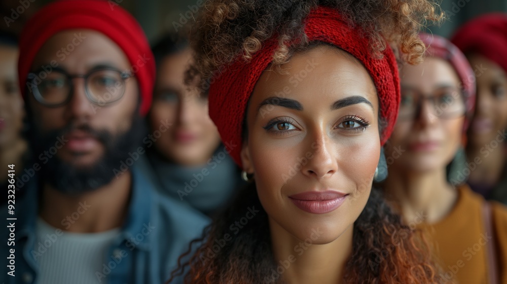 Confident young woman with curly hair wearing a red headband, standing out in a diverse group, symbolizing unity and individuality in a multicultural community Confident young woman with curly hair wearing a red headband, standing out in a diverse group, symbolizing unity and individuality in a multicultural community