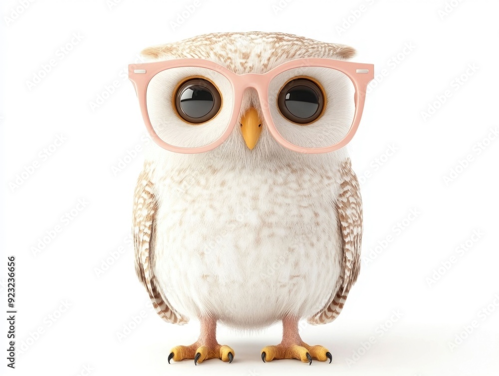 Stylized 3D of an owl wearing glasses against a clean white background representing the concept of education learning and academic wisdom Stylized 3D of an owl wearing glasses against a clean white background representing the concept of education learning and academic wisdom