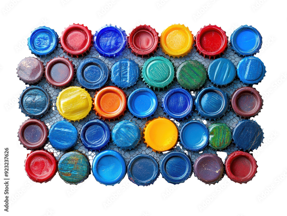 A vibrant collection of assorted bottle caps, showcasing a variety of colors and patterns, perfect for creative projects. A vibrant collection of assorted bottle caps, showcasing a variety of colors and patterns, perfect for creative projects.