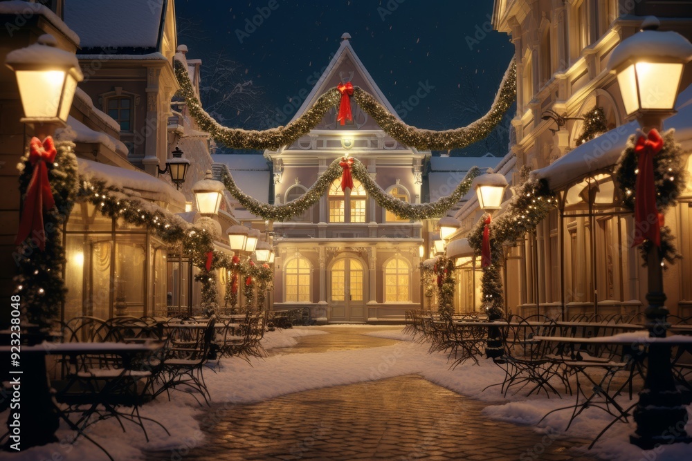 Christmas Lights and Decorations in Snowy Courtyard. Christmas Lights and Decorations in Snowy Courtyard.