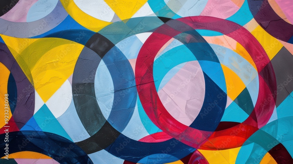 Fototapeta premium A vivid mural showcases interlocking circles and bold colors on a city wall