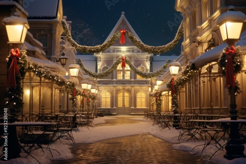 Christmas Lights and Decorations in Snowy Courtyard. 