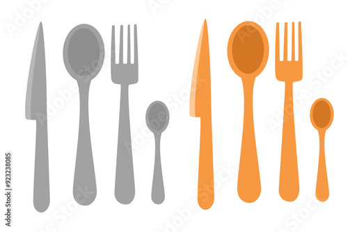 Kitchen cutlery set. Table knife, tablespoon, teaspoon, metal spoon and steel fork. Flatware top view. Dining, eating tools collection. Flat vector illustrations isolated on white background