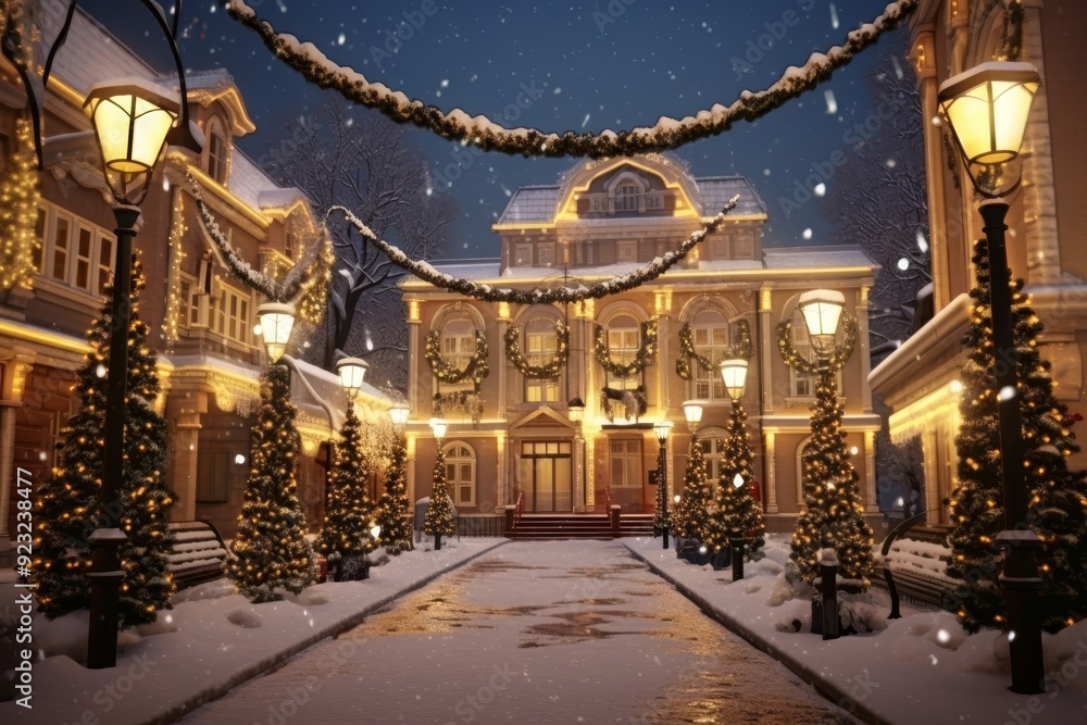 Fototapeta premium Christmas Lights and Decorations in Snowy Courtyard. 