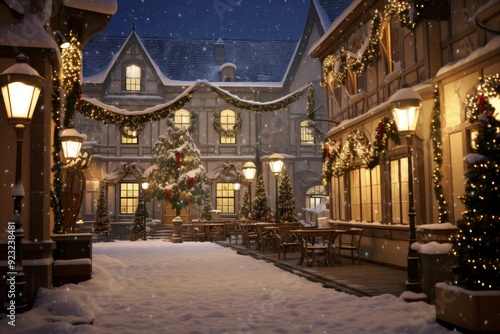 Christmas Lights and Decorations in Snowy  Courtyard. 