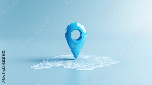 Blue location pin pointing a location on a city map on blue background