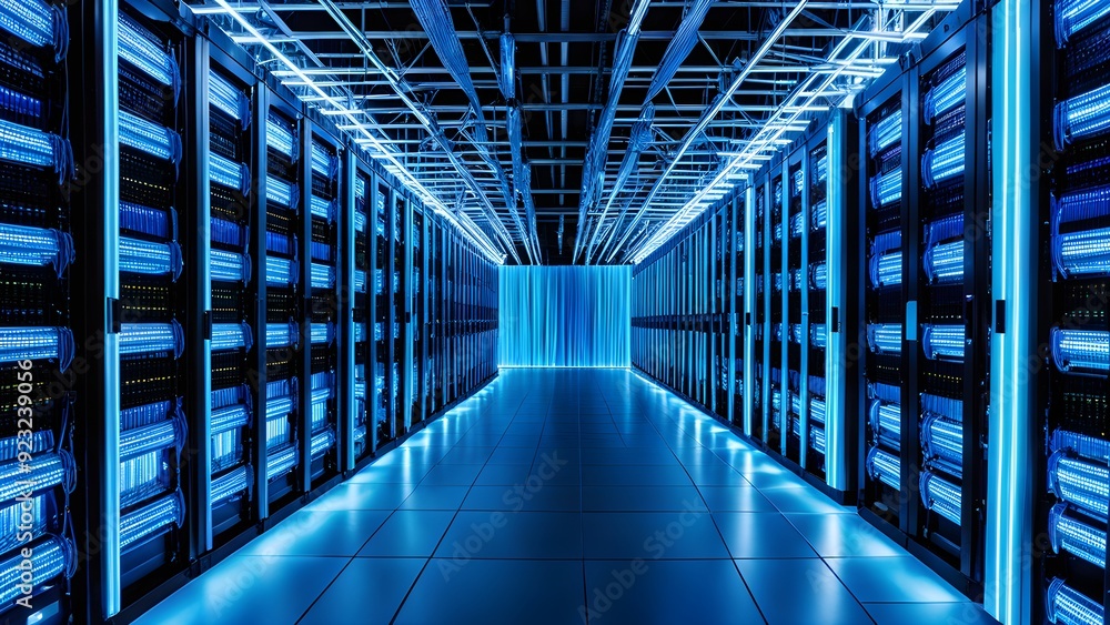 A large room with blue lights and rows of computers A large room with blue lights and rows of computers