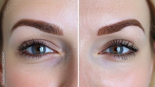 Beautician showing eyebrow tattooing before and after