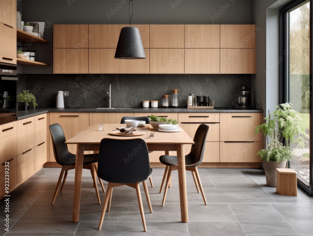 Modern kitchen with wooden cabinets, black countertop and dining table with four chairs. Modern kitchen with wooden cabinets, black countertop and dining table with four chairs.