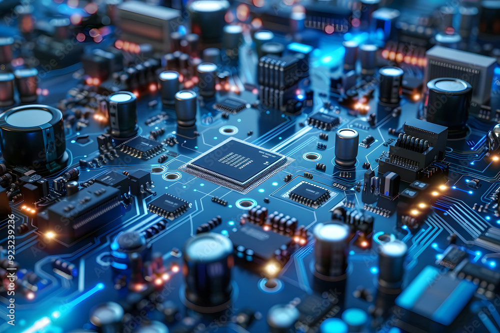 先進的なマイクロチップと電子回路。最新のテクノロジーを象徴する高精度技術 先進的なマイクロチップと電子回路。最新のテクノロジーを象徴する高精度技術
