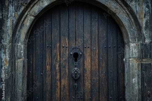 Ancient wooden door with intricate ironwork in a stone archway, showcasing historical craftsmanship in a quiet, rustic setting. Generative AI