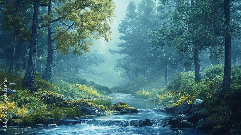 nature-inspired wallpaper featuring a serene forest scene with trees and a flowing river nature-inspired wallpaper featuring a serene forest scene with trees and a flowing river