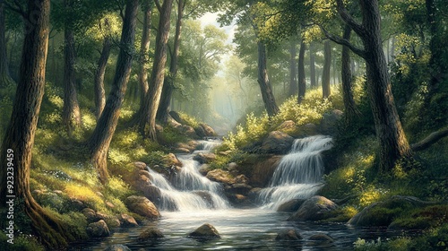 nature-inspired wallpaper featuring a serene forest scene with trees and a flowing river