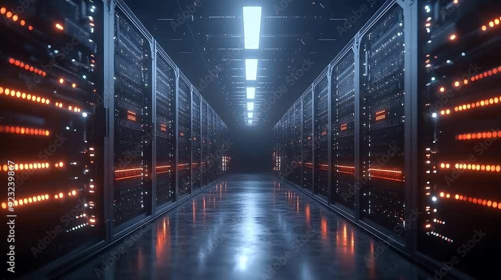 A futuristic data center with rows of servers and blinking lights. A futuristic data center with rows of servers and blinking lights.