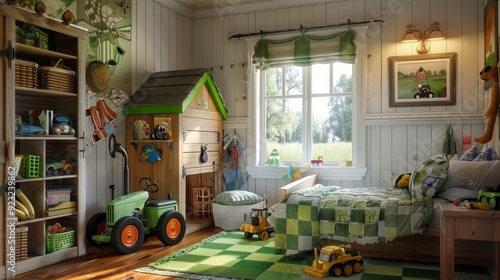 Whimsical Farmhouse Fantasy Child's Bedroom with BarnStyle Bookcase Tractor Toys and Cozy Green Quilt Perfect for Playtime and Imagination photo