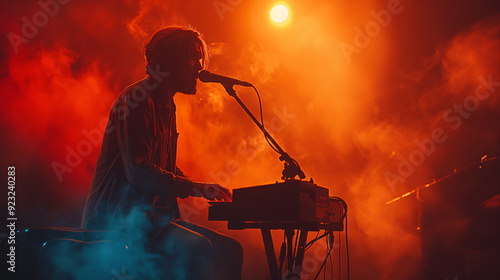 Keyboard player performing on stage with bright lights on main stage photo