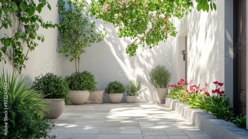 Fototapeta Naklejka Na Ścianę i Meble -  3D rendering of a beautiful garden courtyard with white walls and potted plants.
