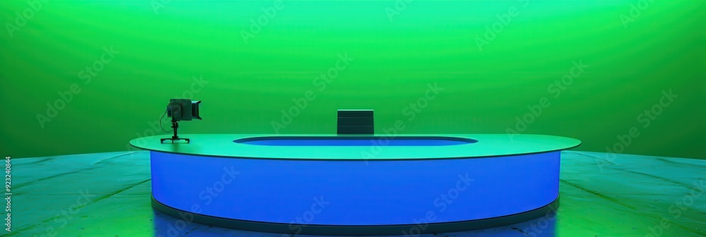News Desk: Blue Sports News Studio Desk for Weather Forecast Interviews with Anchor Presenter Broadcasting News Desk: Blue Sports News Studio Desk for Weather Forecast Interviews with Anchor Presenter Broadcasting