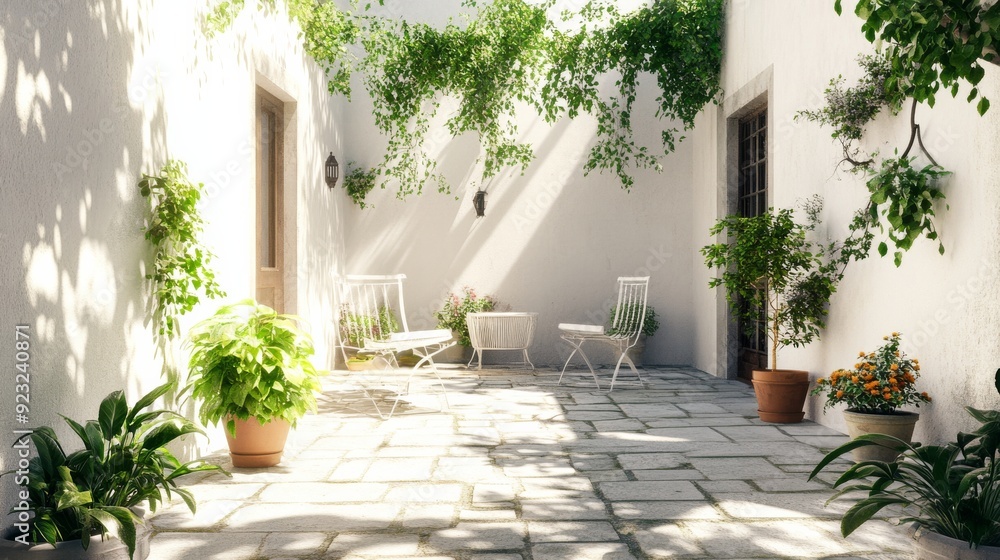 Fototapeta premium 3D rendering of a beautiful garden courtyard with white walls and potted plants.