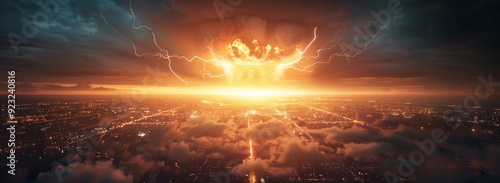 A city is shown in the background with a large explosion in the foreground by AI generated image