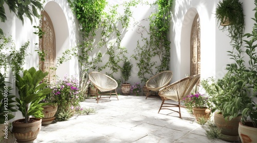 Fototapeta Naklejka Na Ścianę i Meble -  3D rendering of a beautiful garden courtyard with white walls and potted plants.